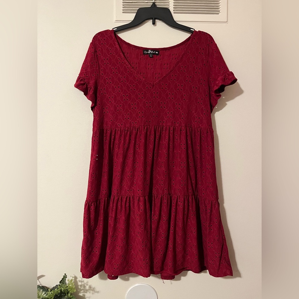 red tiered floral eyelet swing dress